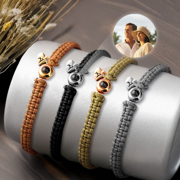 Personalized Photo Projection Braided Bracelet with Initial and Adjustable Drawstring Valentine's Day Birthday Anniversary Gift for Family Friends