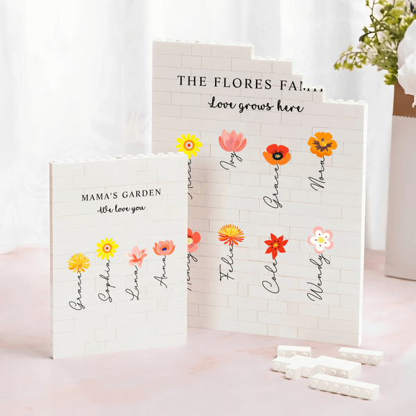 Personalized 1-12 Birth Flowers Grandma's Garden Rectangle Building Brick Puzzle with Title Text and Name Mother's Day Gift for Grandma