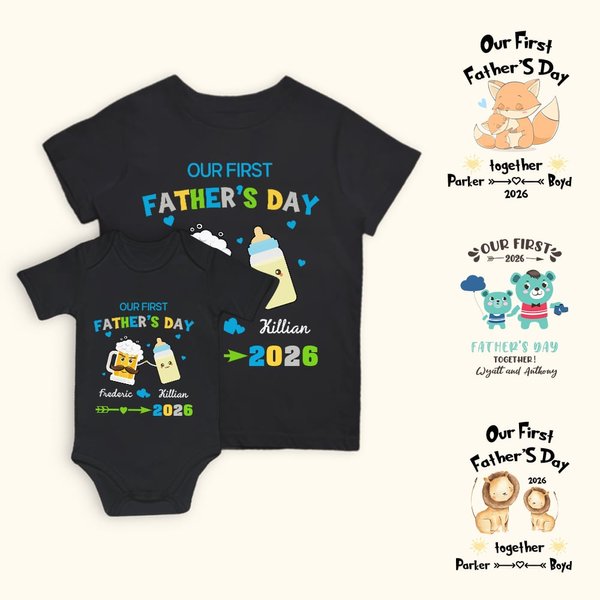 Oursons de biberons personnalisés Notre première fête des pères T-shirt 100 % coton Ensemble onesie pour bébé avec nom Nouveau cadeau de fête des pères pour papa bébé