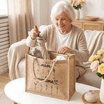 Personalized Faux Yarn Style Birth Flowers Large Jute Tote Bag with Name Mother's Day Birthday Anniversary Gift for Mother Grandmother