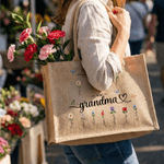 Personalized Faux Yarn Style Birth Flowers Large Jute Tote Bag with Name Mother's Day Birthday Anniversary Gift for Mother Grandmother