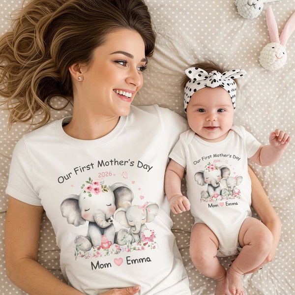 Abiti coordinati personalizzati in 100% cotone con nome per mamma e neonato, motivo elefante - Regalo per la prima festa della mamma per donne