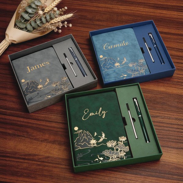 Personalised Chinese-Style Landscape Painting Vegan PU Leather A5 Notebook and Pen Set with Name Birthday New Year Gift for Colleagues Friends Writers