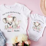 Abiti coordinati personalizzati in 100% cotone con nome per mamma e neonato, motivo elefante - Regalo per la prima festa della mamma per donne