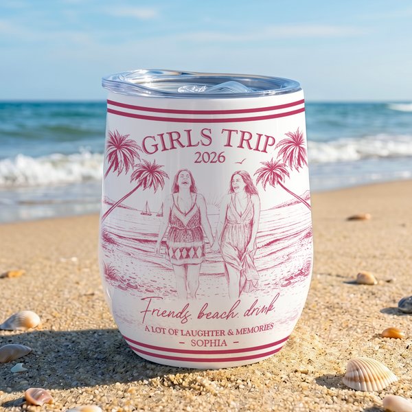 Personalized Pencil Sketch Photo Coconut Tree 12 oz Insulated Wine Tumbler with Lip and Name Travel Use Beach Party Gift for Girl Bestie Bridesmaid