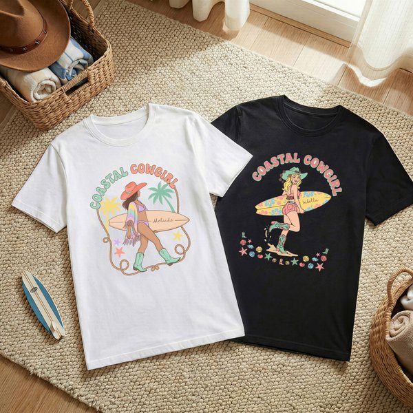 Maglietta personalizzata multicolore in stile bohémien Surfboard Cowgirl 100% cotone con nome Festa in spiaggia Regalo di compleanno per le donne Ragazze