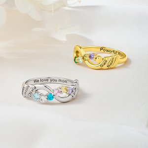 Personalised 1-6 Family Birthstones Infinity Ring with Engraved Names Birthday Anniversary Mother's Day Gift for Mom Woman