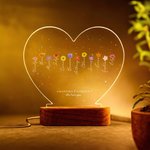 Personalized Grandma's Garden Birth Flower Heart Shape LED Night Light with Names Text Title and Wooden Base Mother's Day Gift for Mom Grandma