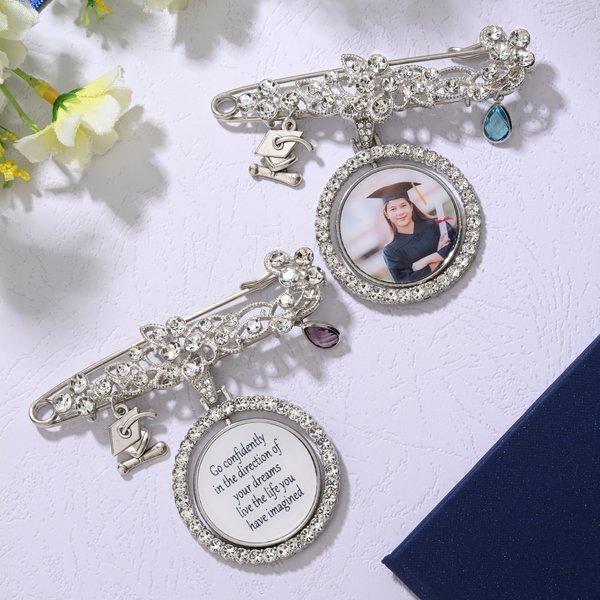 Personalized Teardrop Birthstone Graduation Cap Photo Brooch Pin with Text Graduation Ceremony Party Gift for Graduates