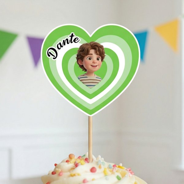Personligt tecknad ansiktsfoto med flera lager Gradient Heart Cupcake Topper med namn Tårtdekor Födelsedagsfest Planering Present för familj Vänner