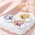 Personalized Double Heart Birthstone Promise Ring with Engraved Names and Text Dainty Jewellery Birthday Wedding Gift for Couple Family Girlfriend