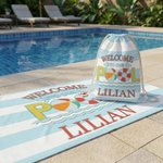 Personalised Welcome to Our Pool Blue-White Striped Quick Dry Soft Oversized Beach Towel with Name Summer Holiday Beach Party Birthday Gift for Kids