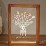 Personalised Watercolour Birth Flower Vase Acrylic LED Night Light with Names Text and Wooden Frame Mother's Day Birthday Gift for Mom Grandma
