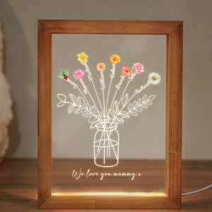 Personalised Watercolour Birth Flower Vase Acrylic LED Night Light with Names Text and Wooden Frame Mother's Day Birthday Gift for Mom Grandma
