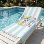 Personalised Welcome to Our Pool Blue-White Striped Quick Dry Soft Oversized Beach Towel with Name Summer Holiday Beach Party Birthday Gift for Kids