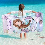 Gepersonaliseerd Extra Groot en Sneldrogend Strandlaken met Cartoon Zeemeermin en Naam Perfect Cadeau voor Meisjes voor Zomervakantie of Verjaardag
