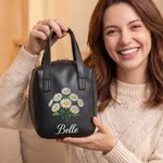 Personalized Birth Flower Portable PU Leather Makeup Bag with Name and Handle Mother's Day Birthday Gift for Women