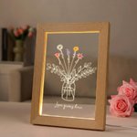Personalised Watercolour Birth Flower Vase Acrylic LED Night Light with Names Text and Wooden Frame Mother's Day Birthday Gift for Mom Grandma