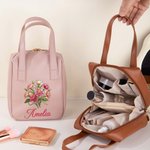Personalized Birth Flower Portable PU Leather Makeup Bag with Name and Handle Mother's Day Birthday Gift for Women
