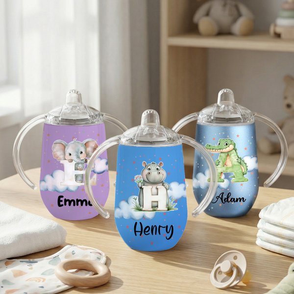 Personalisierter Trinklernbecher mit Tier-Initiale und Namen | lebensmittelechter Edelstahl | 295 ml Schnabeltasse | Geburtstag Geschenk für Babys