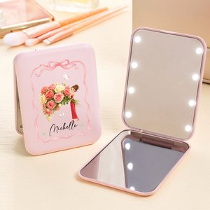 Personalised Birth Flower Cartoon Girl Portable LED Makeup Mirror with Name Birthday Mother's Day Anniversary Gift for Her