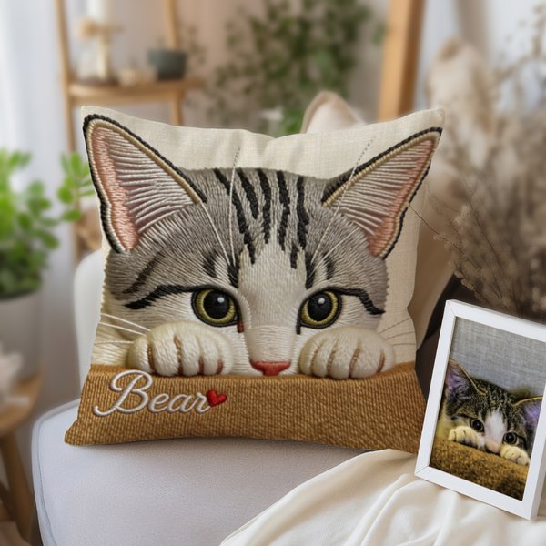 Personalised Pet Photo Imitation Embroidery Design Soft Cushion Cover with Name Home Sofa Decor Memorial Birthday Gift for Pet Owners