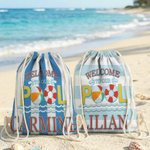 Personalised Welcome to Our Pool Blue-White Striped Quick Dry Soft Oversized Beach Towel with Name Summer Holiday Beach Party Birthday Gift for Kids