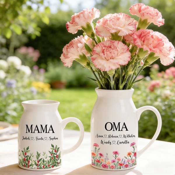 Personalisierte Keramikvase mit Aquarell-Geburtsblumen | mit Wunschnamen und Anrede | Wohndeko | Geburtstag Muttertag Geschenk für Mama Oma Familie