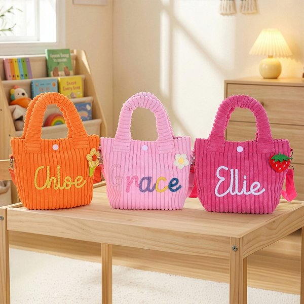 Sac à dos en velours côtelé personnalisé avec une fleur, une sucette et un nom de fraise Cadeau d'anniversaire pour les enfants, les filles et les garçons.