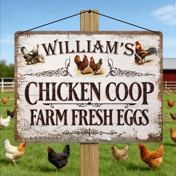 Personalized Chicken Coop Farm Fresh Eggs Vintage Metal Sign with Name Daily Use Birthday Gift for Chicken Farmer Owner