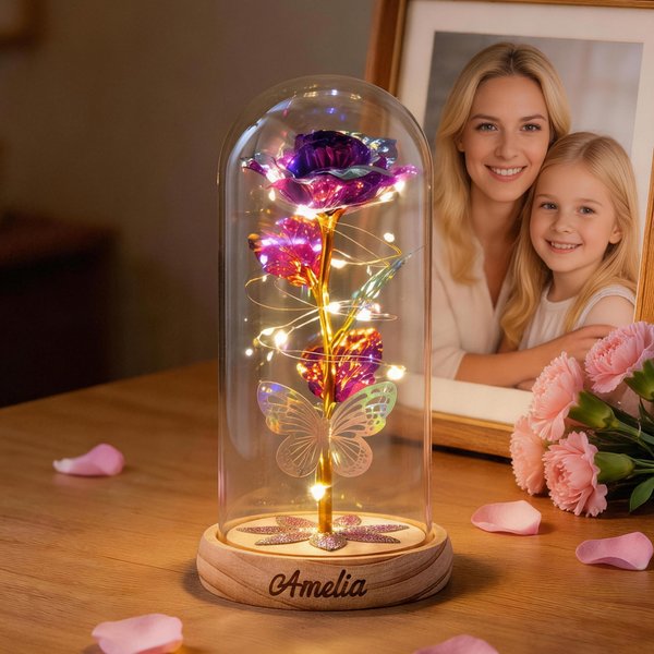 Personalised Name Galaxy Rose Glass Lampshade with Preserved Flower and LED Light Mother's Day Birthday Gift for Woman