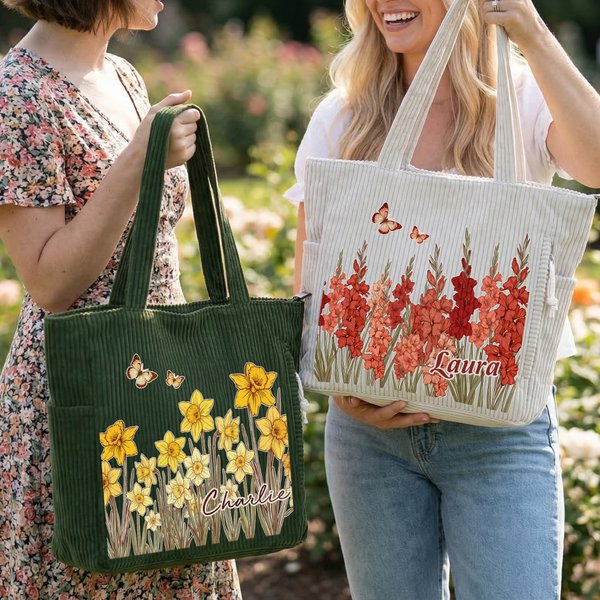 Gepersonaliseerde Grote Ribfluwelen Tas met Geboortebloem Naam en Zijvakken Ideaal voor Dagelijks Gebruik en als Verjaardagscadeau voor Vrouwen