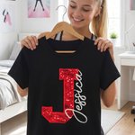 Personalized Multicolor Sequin Initial Soft T-shirt Sweatshirt Hoodie with Name Daily Wear Game Day Birthday Gift for Women Friends Cheerleaders