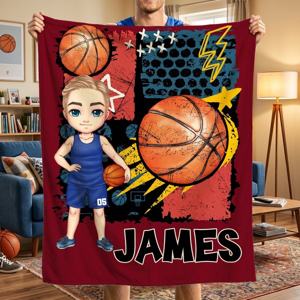 Personalised Multicolor Cartoon Character Basketball Soft Throw Blanket with Name and Number Home Decor Team Birthday Gift for Basketball Lovers