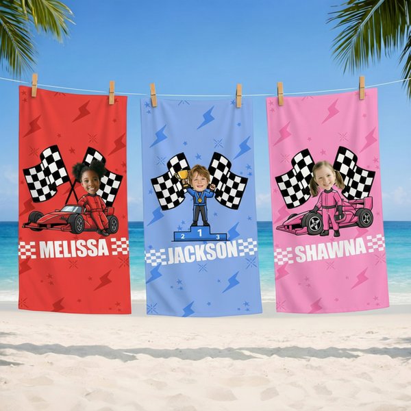 Personalized Cartoon Racing Kid Face Photo Character Quick Dry Oversized Beach Towel with Name Travel Essentials Summer Vacation Gift for Boys Girls