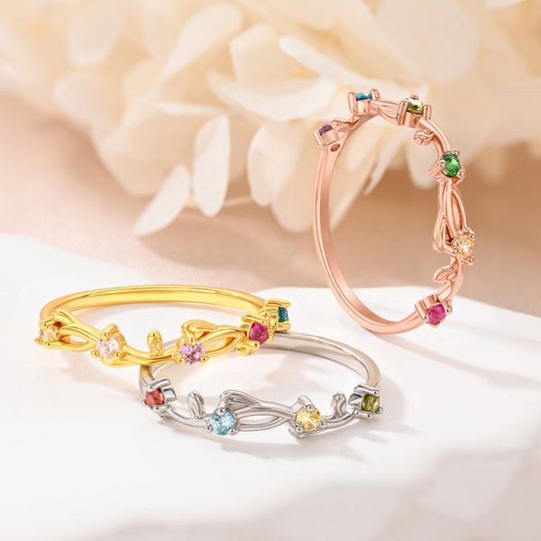 Personalised 1-6 Vines Flowers Birthstones Sterling Silver Ring Dainty Jewellery Birthday Anniversary Mother's Day Gift for Women