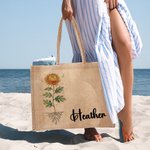 Personalised Birth Flower Reusable Jute Tote Bag with Name Birthday Mother's Day Wedding Gift for Mom Bridesmaid Friend