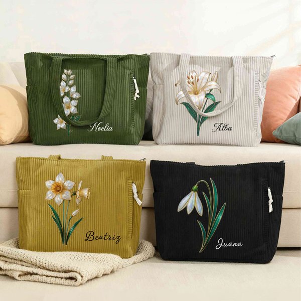 Bolso tote de pana personalizado con flor de nacimiento y nombre gran capacidad para uso diario oficina y viajes regalo de cumpleaños para mujeres