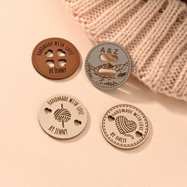Personalised Handmade with Love Leather Button Set of 10 Clothing Hat Labels with Engraved Name Birthday Gift for Knitting Crocheting Lovers