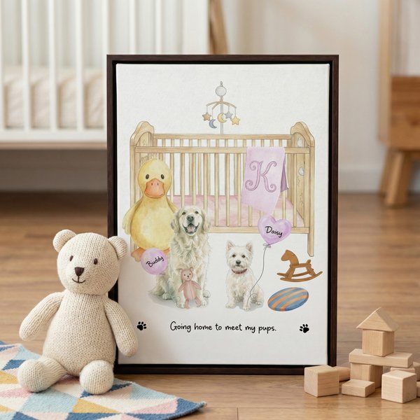 Personalized Watercolor Crib Pets Portrait Canvas Prints Ship from USA Nursery Decor New Baby Arrival Gift for Dog Cat Owners