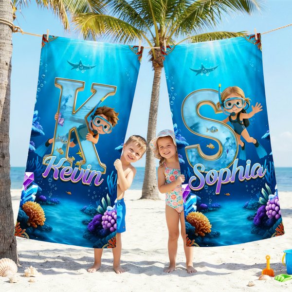 Personnalisé Cartoon Diving Character Initial Quick Dry Soft Oversized Beach Towel with Name Summer Vacation Beach Pool Party Birthday Gift for Kids