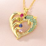 Personalised 1-7 Birthstones Heart Dolphin Zircon Necklace with Engraved Names Exquisite Jewellery Birthday Mother's Day Gift for Women Mom Wife