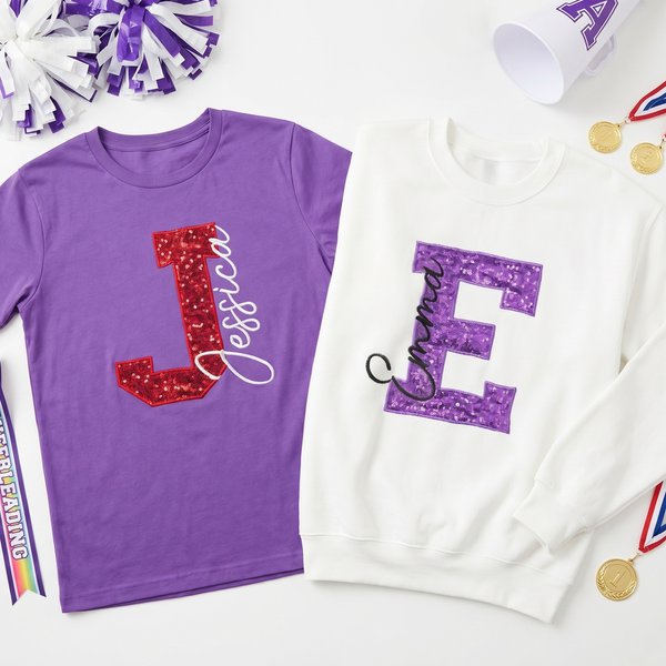 Personalized Multicolour Sequin Initial Soft T-shirt Sweatshirt Hoodie with Name Daily Wear Game Day Birthday Gift for Women Friends Cheerleaders