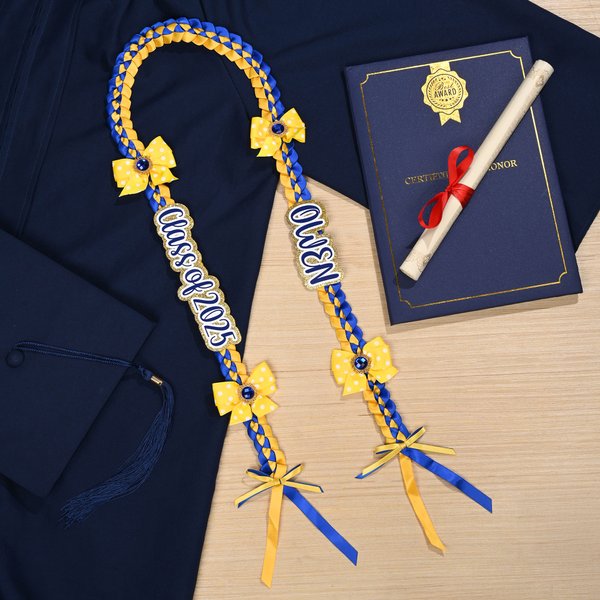 Personalisierte Polka Dot Schleife Strass Zweifarbig Geflochtene Graduierung Band Lei mit Texten Graduierung Party Geschenk für Absolventen