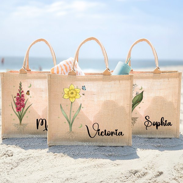 Personalised Birth Flower Reusable Jute Tote Bag with Name Birthday Mother's Day Wedding Gift for Mom Bridesmaid Friend
