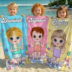 Telo mare personalizzato in microfibra con nome e personaggio animato, oversize, antisabbia, asciugatura rapida - Regalo per bambini e famiglia