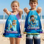 Personalised Cartoon Diving Character Initial Quick Dry Soft Oversized Beach Towel with Name Summer Vacation Beach Pool Party Birthday Gift for Kids