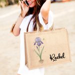 Personalised Birth Flower Reusable Jute Tote Bag with Name Birthday Mother's Day Wedding Gift for Mom Bridesmaid Friend