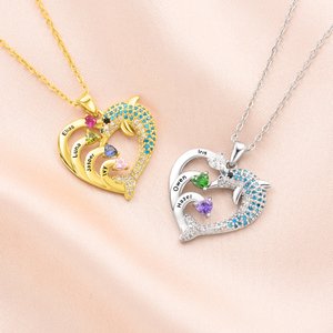 Personalized 1-7 Birthstones Heart Dolphin Zircon Necklace with Engraved Names Exquisite Jewelry Birthday Mother's Day Gift for Women Mom Wife