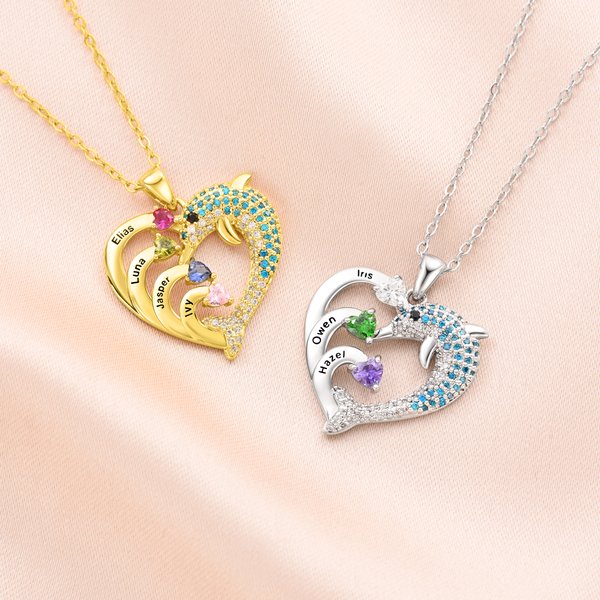 Personalised 1-7 Birthstones Heart Dolphin Zircon Necklace with Engraved Names Exquisite Jewellery Birthday Mother's Day Gift for Women Mom Wife